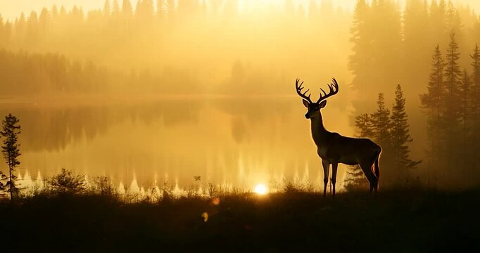 A majestic deer standing at the edge of a misty forest during sunrise