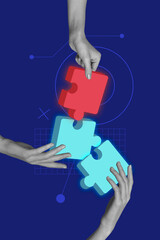 Trendy art creative vertical photo collage of hands hold puzzle element success business people...