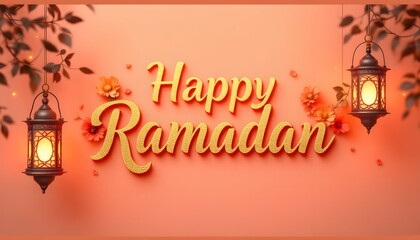 Naklejka premium Happy Ramadan Greeting Card with Lanterns and Flowers