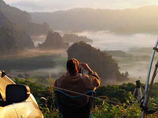 Mountain view and morning mist at Phu Langka National Park, Phayao Province, Thailand.
