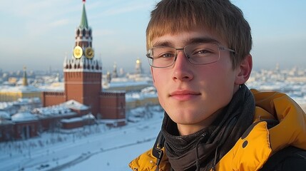 Fototapeta premium Young Man in Moscow, Winter Landscape