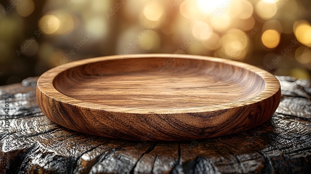 Fototapete Close up of a natural wooden plate or bowl resting on a weathered textured table surface surrounded by a warm golden bokeh glow in a cozy rustic countryside setting