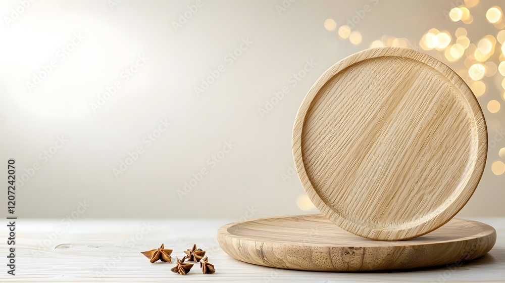 Poster close up of a wooden plate or board with visible natural wood grains set to the side and framed by a
