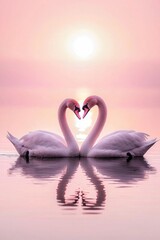 Fototapeta premium Swan Lake Romance: Two pink swans gently gliding across a serene lake, their necks forming a perfect heart shape as the sun sets in the background.