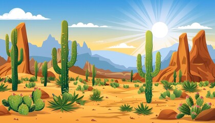 A vast desert landscape with towering cacti, red rock formations, and a bright sun in the sky.