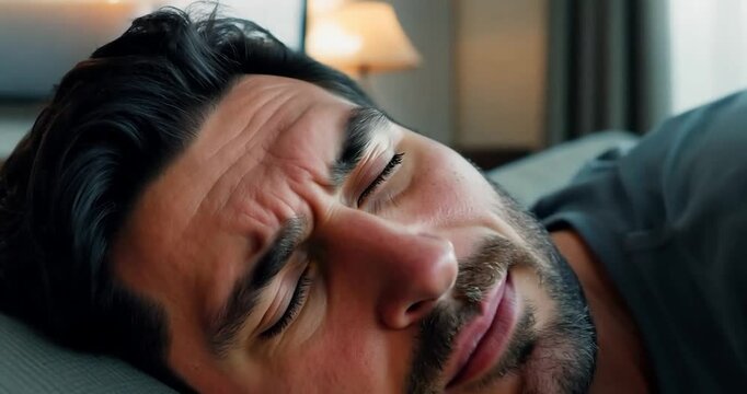 A man tries to stay awake, but narcolepsy overtakes him, and his eyes close as he peacefully falls asleep, with the TV still on in the background
