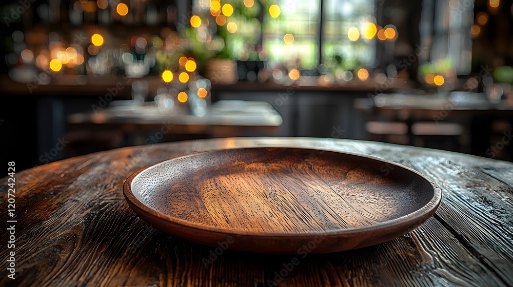 Fototapete Close up view of a finely crafted wooden plate resting on a rustic wooden table surrounded by a warm and soft bokeh lighting effect