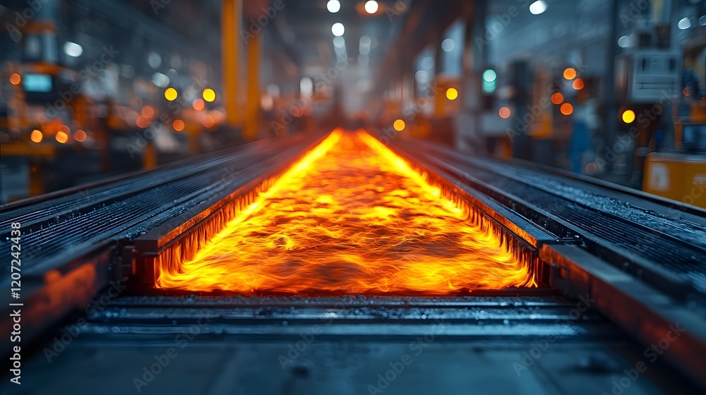 Poster Close up view showcasing the intense heat and workflow of a factory environment with a conveyor belt transporting glowing red hot metal rods through the industrial setting