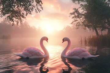 Fototapeta premium Swan Lake Romance: Two pink swans gently gliding across a serene lake, their necks forming a perfect heart shape as the sun sets in the background.