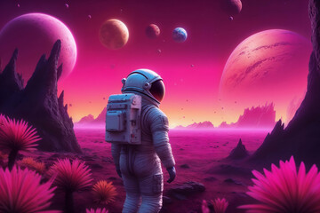 A lonely astronaut in a spacesuit on another planet, a fantastic landscape, an alien world