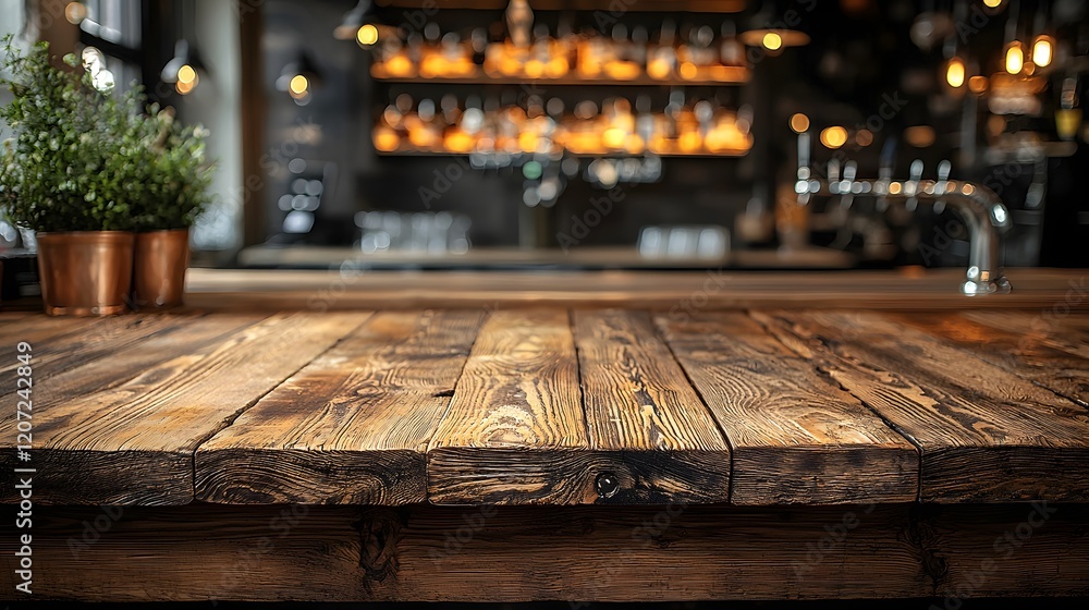 Aufkleber cozy and atmospheric rustic bar scene with a weathered wooden table in the foreground and warm tonal
