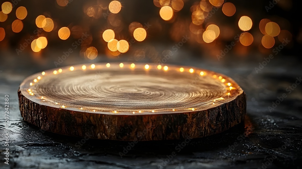 Poster composition with a warm glowing wooden plate at the side illuminated by a soft and elegant bokeh lig