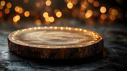 Obraz premium composition with a warm glowing wooden plate at the side illuminated by a soft and elegant bokeh light creating a rustic and cozy backdrop perfect for stilllife projects