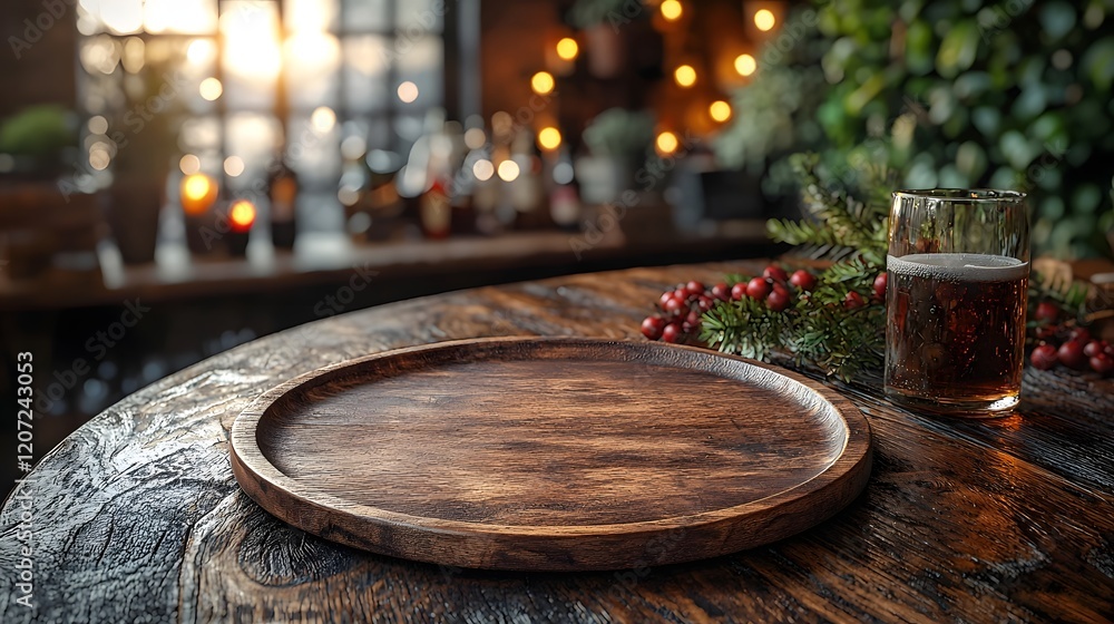 Fototapete cozy and intimate vintage bar setting with a rustic wooden plate resting on a weathered wooden table