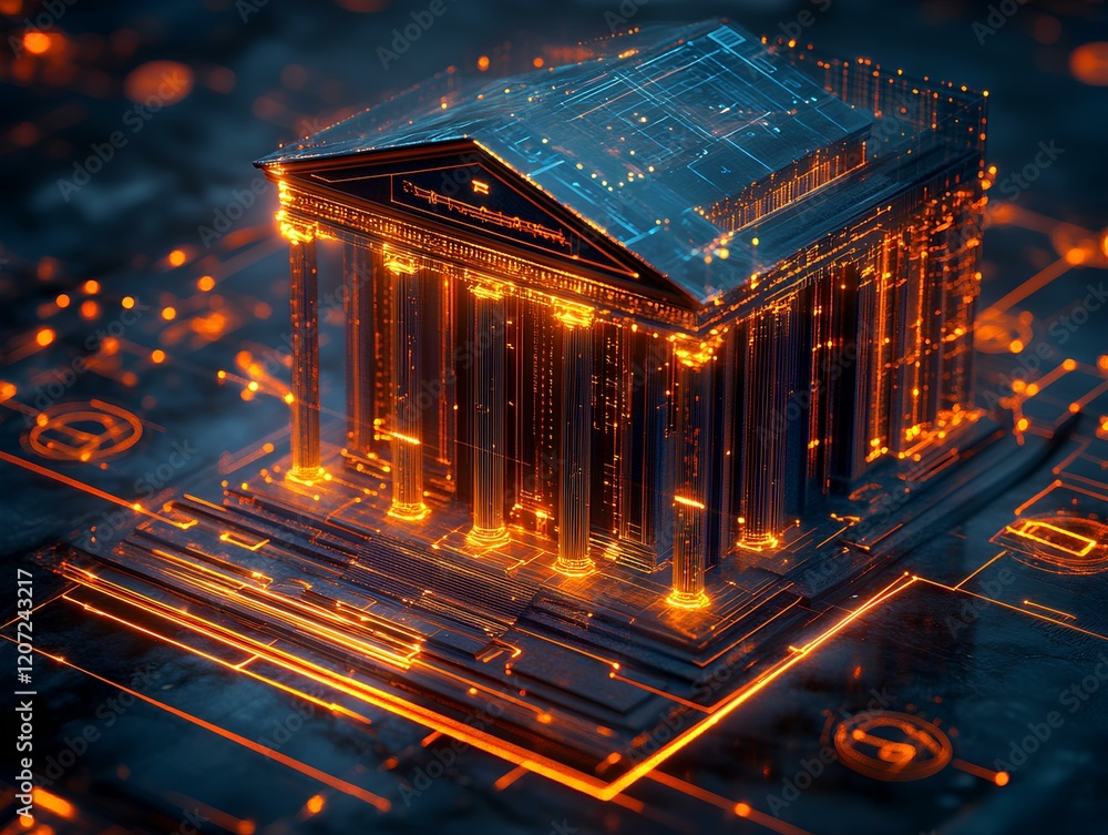 Poster interactive holographic display of shining banking icons for various services and instruments