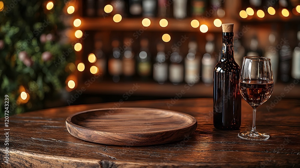 Poster Cozy and inviting bar setting featuring a natural wooden plate on a warm rustic wooden table enhanced by the gentle glow of soft