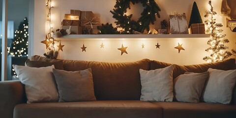 Cozy living room with a beige sofa, brown velvet cover, and decorative pillows in a 