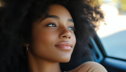 A thoughtful woman enjoying a peaceful moment in a car.