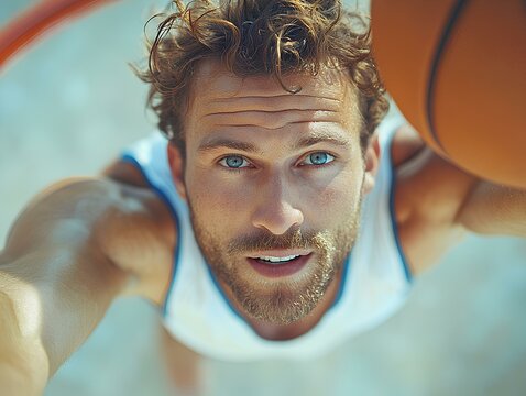 Intense basketball player determined to score layup with focused expression in close up view 