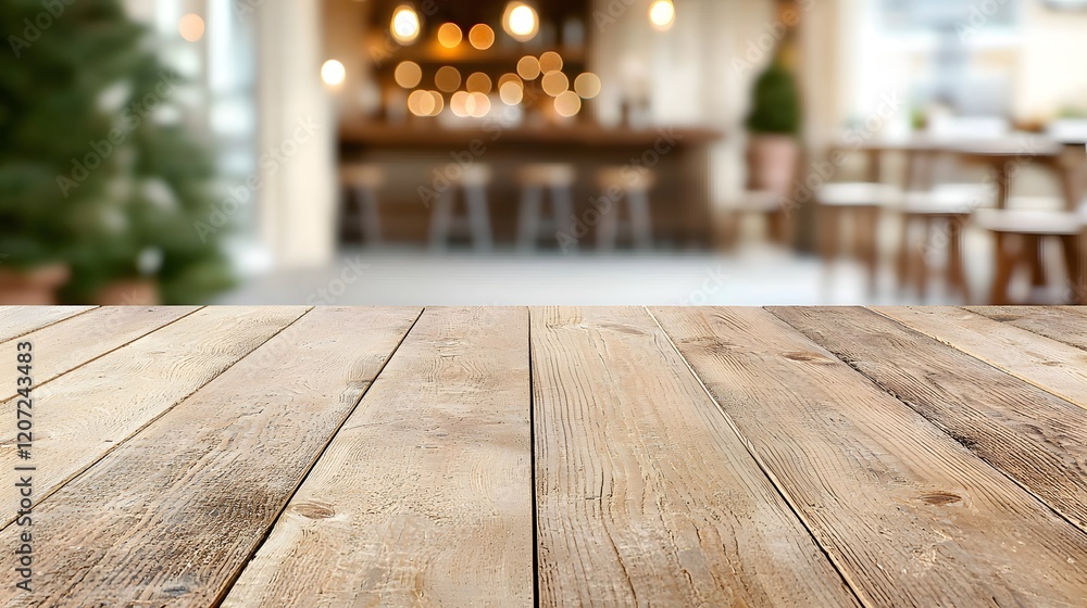 Fototapete Cozy and inviting rustic bar scene featuring a detailed wooden table in the foreground with a blurred countryside background filled with warm lighting creating a tranquil and intimate ambiance
