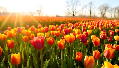 Fototapeta premium Field of tulips. Vibrant orange and red tulip field glowing in the golden sunlight during springtime.