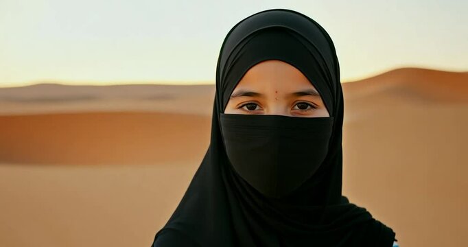 A Muslim teenage girl in a niqab stands against the backdrop of a vast desert.