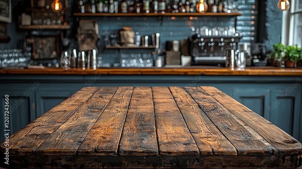 Fototapete Cozy and inviting rustic wooden table in the foreground of a vintage bar scene featuring an array of decorative elements in the background for a warm and welcoming atmosphere