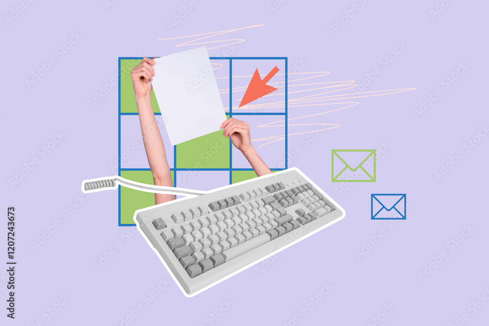 Poster composite art 3d creative image collage of hands hold paper sheet keypad buttons correspondence mess