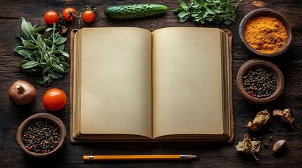 Fresh Vegetables, Herbs, and Spices Arranged Around a Blank Recipe Book with Pencil, Top View