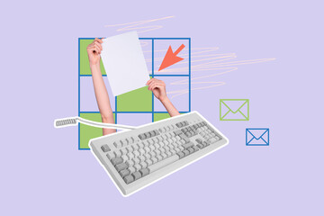 Composite art 3d creative image collage of hands hold paper sheet keypad buttons correspondence...