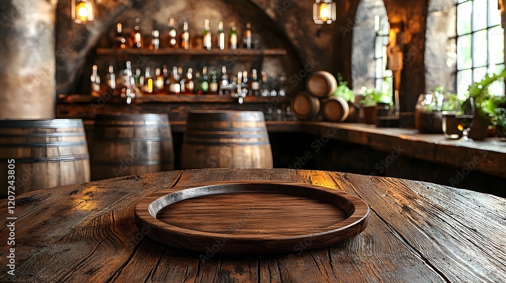 Poster Cozy and Inviting Rustic Bar Scene with Weathered Wooden Table Barrels and Warm Vintage Lighting Creating a Charming and Atmospheric Ambiance