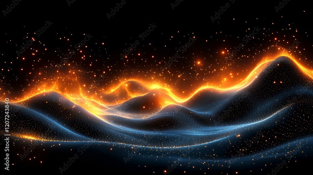 Poster complex wave patterns illuminated by glowing orange lights create an abstract visual experience acro
