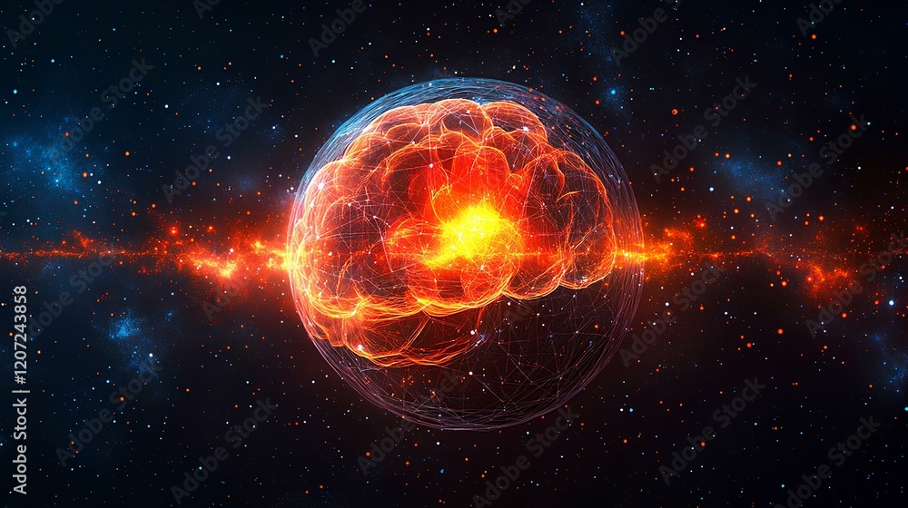 Poster human brain with technology overlay showcasing the integration of artificial intelligence and neuros