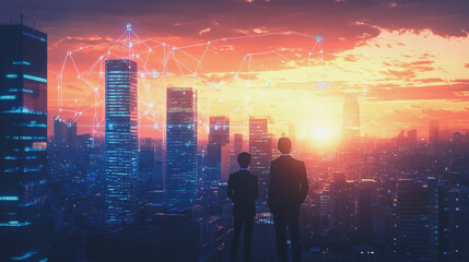 abstract professional business team people connection of line from nail node to node on Smart digital cityscap and skyline background , Innovation networking concept