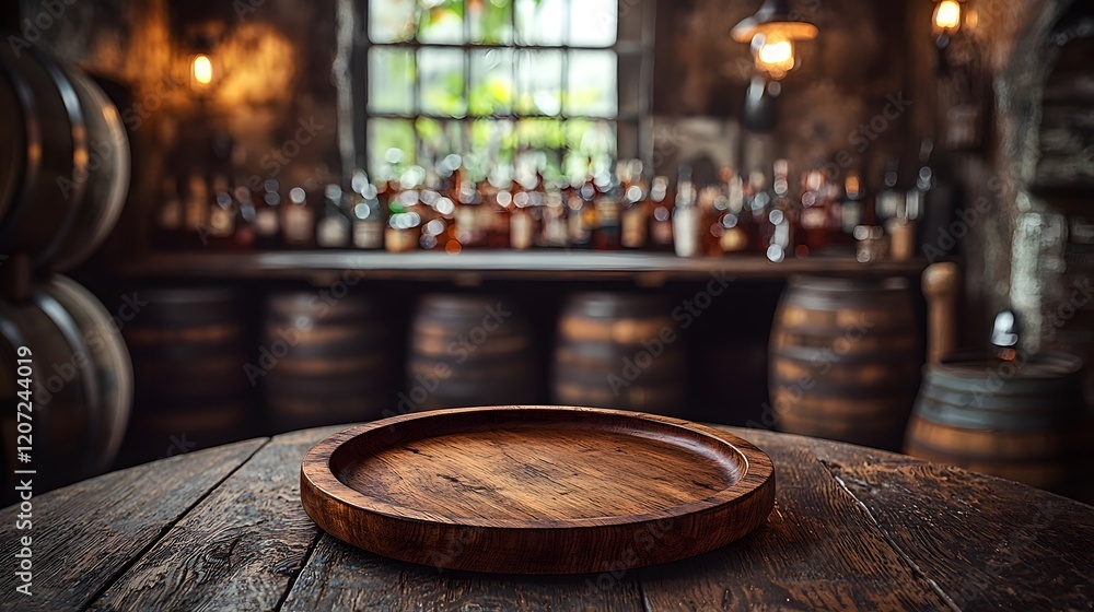 Poster Cozy and Rustic Bar Setting with a Weathered Wooden Plate on a Vintage Table Surrounded by Oak Barrels and Softly Lit by Warm Vintage Lighting Creating a Nostalgic and Inviting Atmosphere