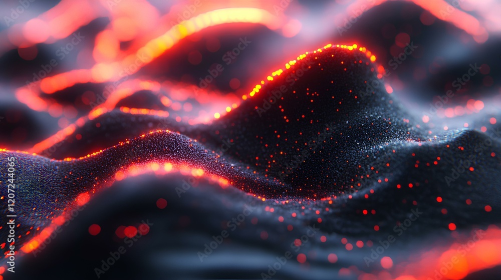 Poster complex wave patterns illuminated by glowing orange lights create an abstract visual experience acro