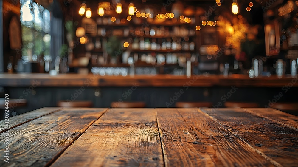 Leinwandbilder cozy and rustic country style bar or pub interior backdrop featuring a wooden table board in the for