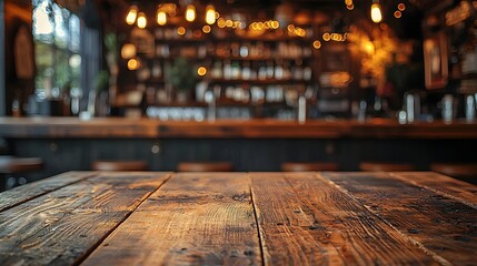 Cozy and rustic country style bar or pub interior backdrop featuring a wooden table board in the foreground with blurred lighting and decor elements creating a warm and inviting atmosphere