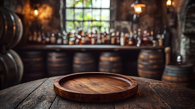Cozy and Rustic Bar Setting with a Weathered Wooden Plate on a Vintage Table Surrounded by Oak Barrels and Softly Lit by Warm Vintage Lighting Creating a Nostalgic and Inviting Atmosphere