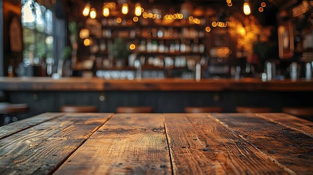 Cozy and rustic country style bar or pub interior backdrop featuring a wooden table board in the foreground with blurred lighting and decor elements creating a warm and inviting atmosphere