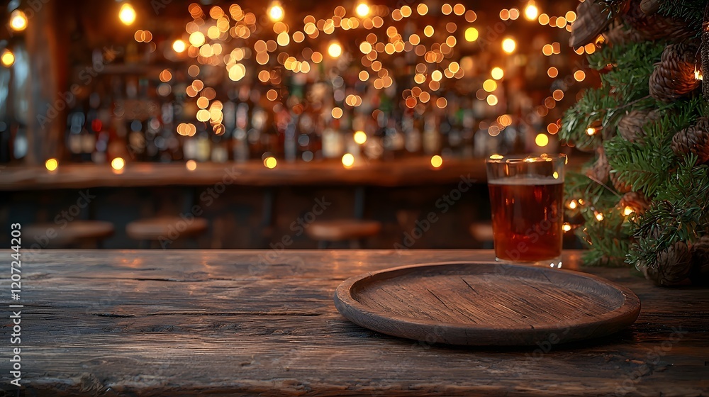 Poster Cozy and rustic countryside bar or tavern setting with a wooden table and plate in the foreground enhanced by soft warm toned bokeh lights creating a festive intimate