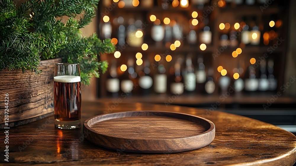 Poster Cozy and rustic countryside bar setting with a wooden plate and table in the foreground enhanced by soft warm bokeh lighting that creates a welcoming intimate atmosphere perfect for dining drinking
