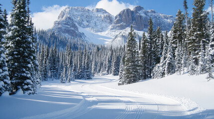Cross country skiing trail winding through snowy pine forest and majestic mountains