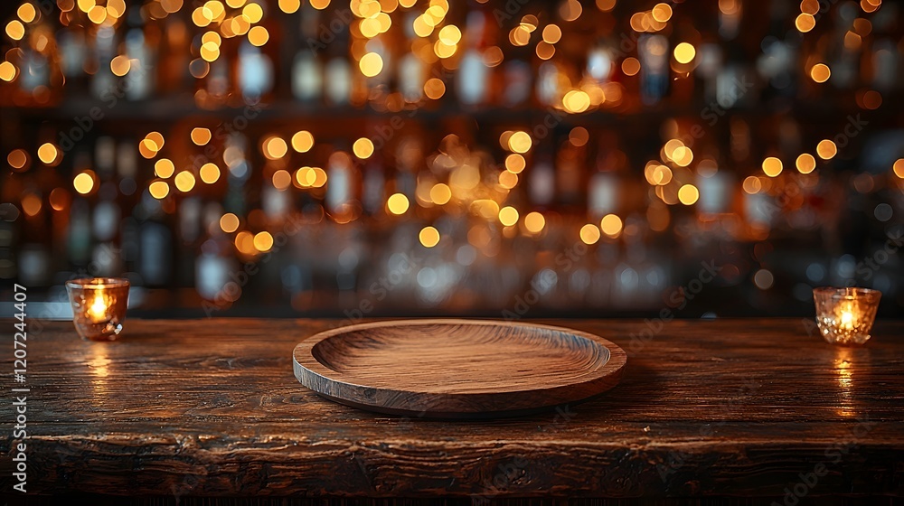 Poster Cozy and tranquil countryside bar setting with a wooden plate resting on a rustic table surrounded by a gentle golden bokeh glow creating a dreamy warm and inviting atmosphere