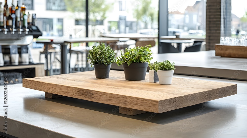 Poster cozy and warm countryside bar background setting with a sturdy wooden table board in the foreground 