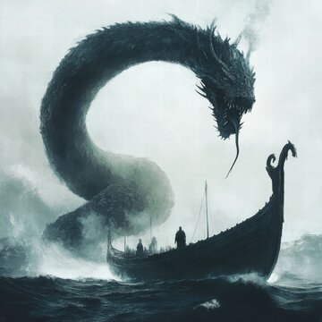 Jormungandr Coiling Around a Viking Ship Norse Mythology Digital Art Stormy Sea Dramatic Perspective