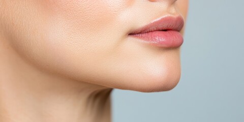 Obraz premium A serene close-up of a middle-aged woman's face, showcasing smooth skin and soft lips against a gentle gradient backdrop.