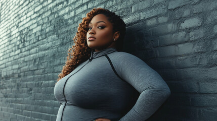 Confident Plus Size Woman Athletic Wear Grey Brick Wall Background Fitness Portrait Strong Female Model gym body pose   