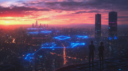 Fototapeta premium abstract professional business team people connection of line from nail node to node on Smart digital cityscap and skyline background , Innovation networking concept