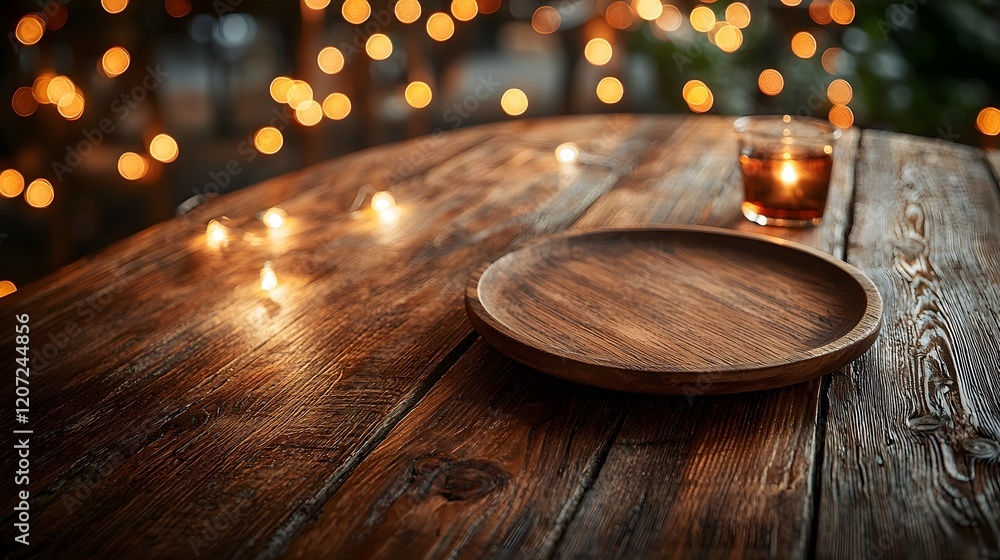 Poster cozy bar setting featuring wooden plate on natural wood table with warm bokeh lights creating a rust